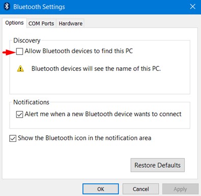 Allow Bluetooth device to find this PC