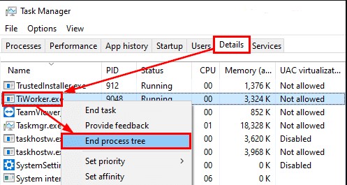 Stopping Windows Modules Installer Worker Immediately Through Task Manager