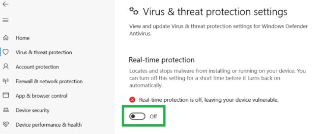 Choose the Real-time protection toggle so that it is turned to the Off position