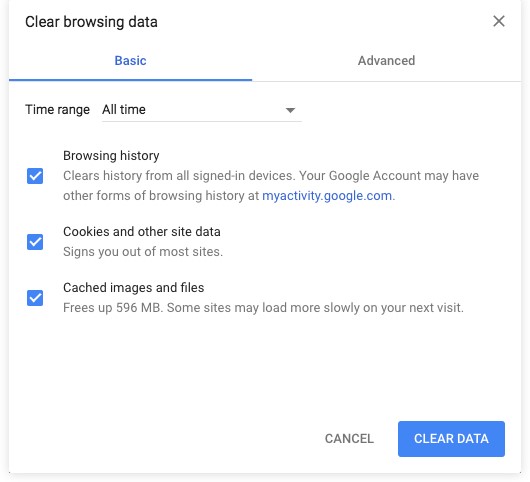  choose Cookies and Cached images and files option and Clear data for All Time in the Time Range settings