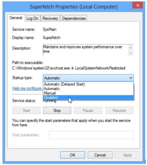 choose Disabled from the Startup type option menu and click the Apply button
