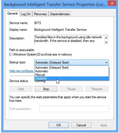 choose Disabled from the Startup type option menu and then click the Apply button