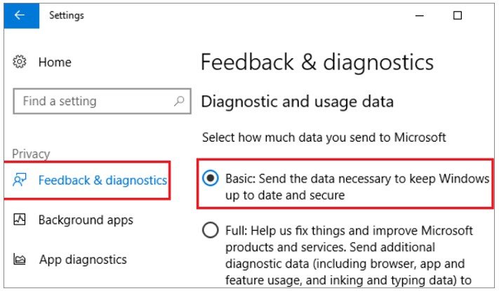 click on Feedback & Diagnostics and then you have to set Diagnostics and Usage Data To Basic