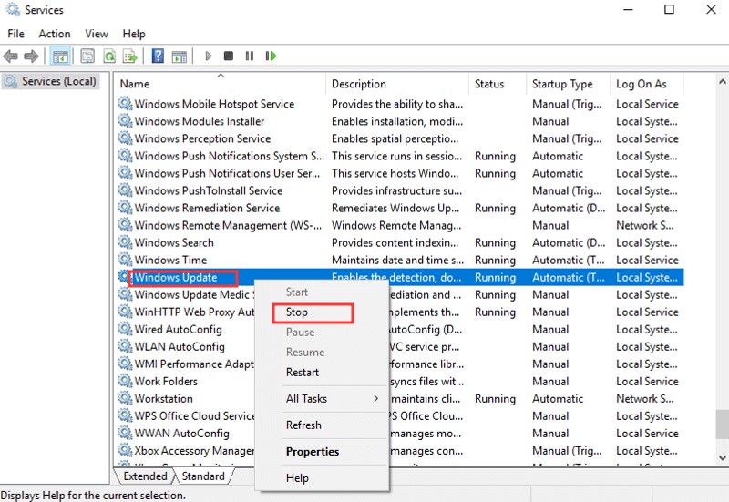 right click on Windows Update service and then choose Stop