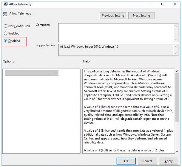 select Disabled and then click on OK