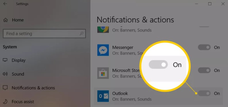 turn on the Outlook Notifications toggle
