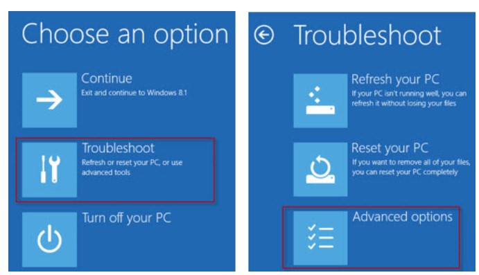 Click Advanced options on the Troubleshoot screen.