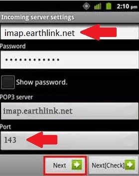 enter imap.earthlink.net and enter 143