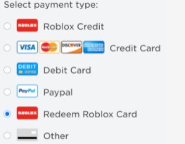 Redeem Roblox Card as the payment type and Continue