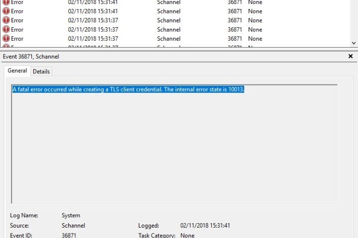 A Fatal Error Occurred While Creating a TLS Client Credential. The Internal Error State is 10013.