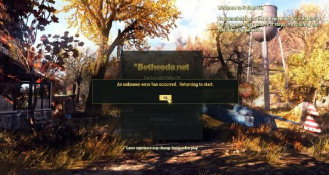 Fallout 76 an Unknown Error has Occurred Returning to Start