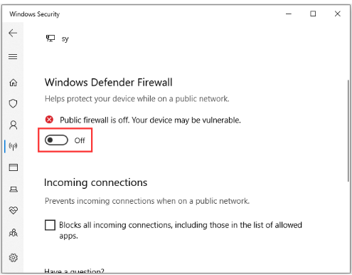 own the button for Windows Defender Firewall.