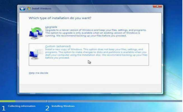 choose Custom Advanced to make Windows 7 remove all old systems
