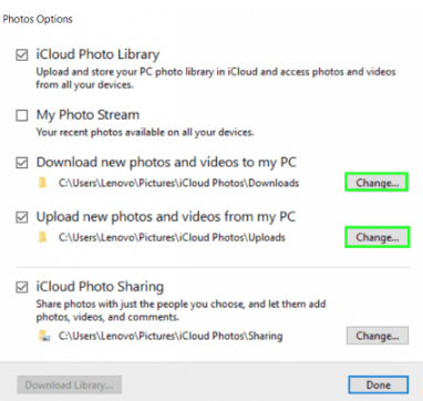 choose Change to switch to the iCloud directory to store your photos