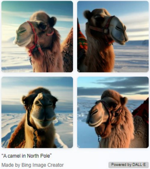 Examples of Bing AI - Create an image of a camel in the North Pole
