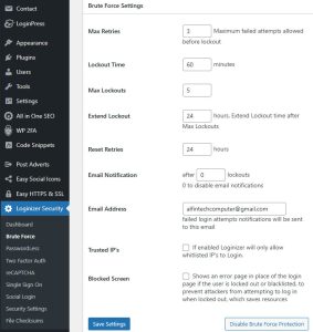 Loginizer Brute Force Settings
