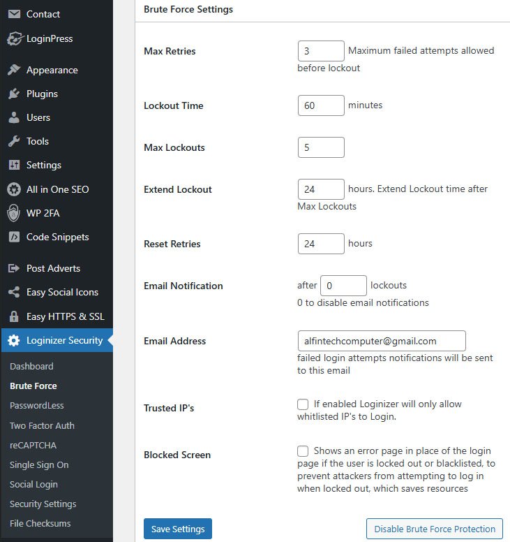 Loginizer Brute Force Settings