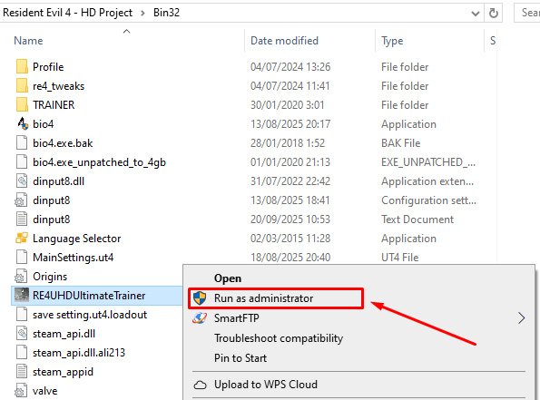 RE4UHDUltimateTrainer with Run as administrator