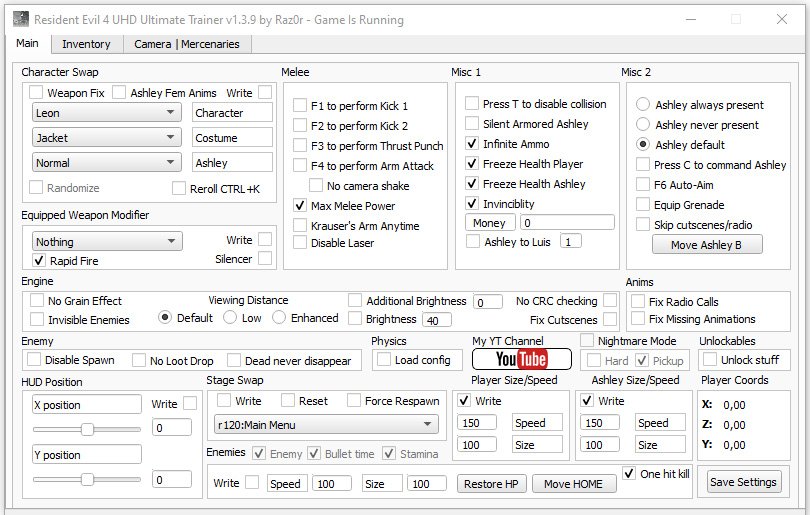 Resident Evil 4 UHD Ultimate - HD Project Trainer by Raz0r Main Menu