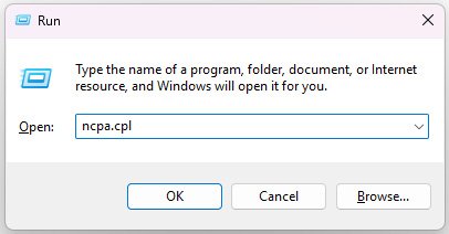 ncpa.cpl command to Open Network Connections (Wifi & LAN Devices) on Windows 2