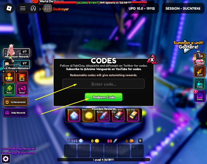 Redeem Codes in Roblox Anime Vanguards 3