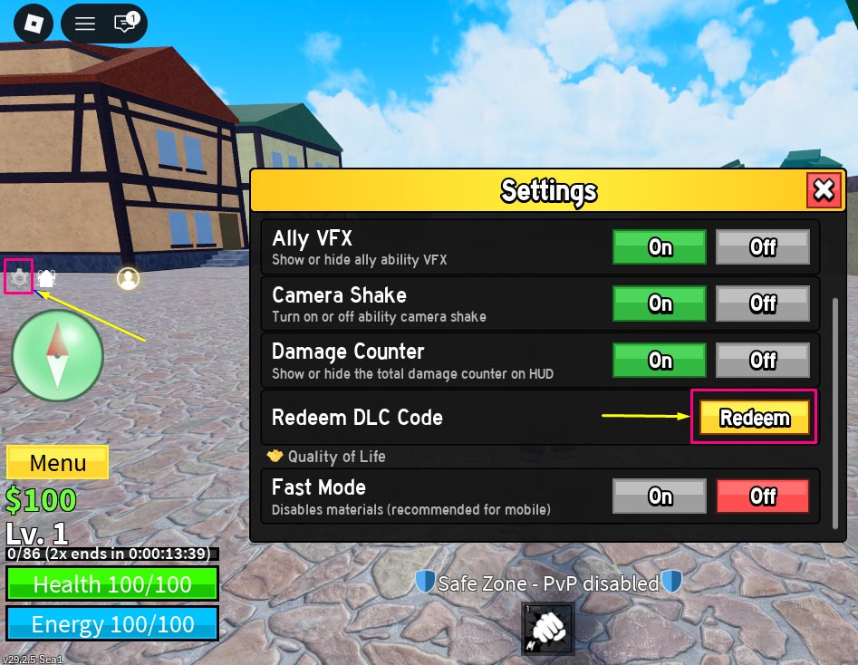 Redeem Codes in Roblox Blox Fruits 1